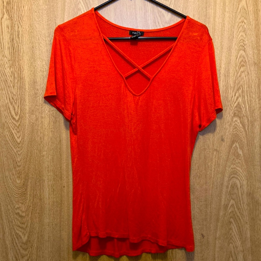Red-Orange, Rue 21, Women’s cross t-shirt.